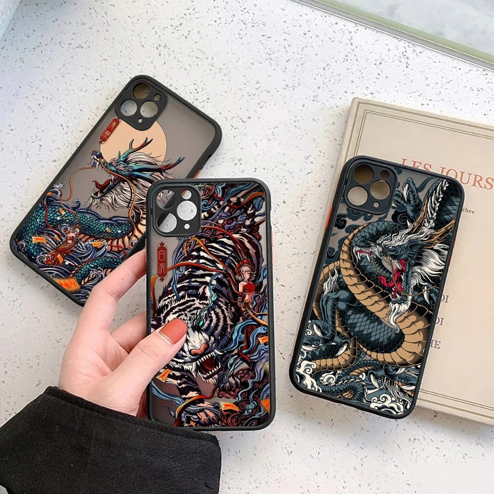 Cool Tiger Dragon Cloud Pattern Matte Case For iPhone 14 13 Pro Max 12 11 Pro SE 2020 X XS XR 7 8 Plus Luxury Fundas Clear Cover