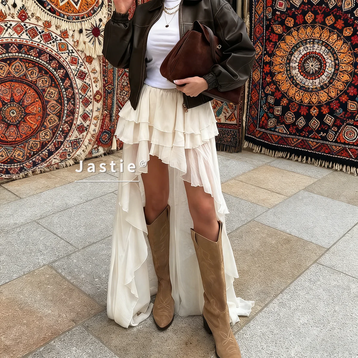 بوهو عادية المشمش التنانير فضفاضة للنساء موضة عالية الخصر مطوي التنانير أنيقة رقيقة الطابق طول تنورة الإناث الشاطئ Jupe #1