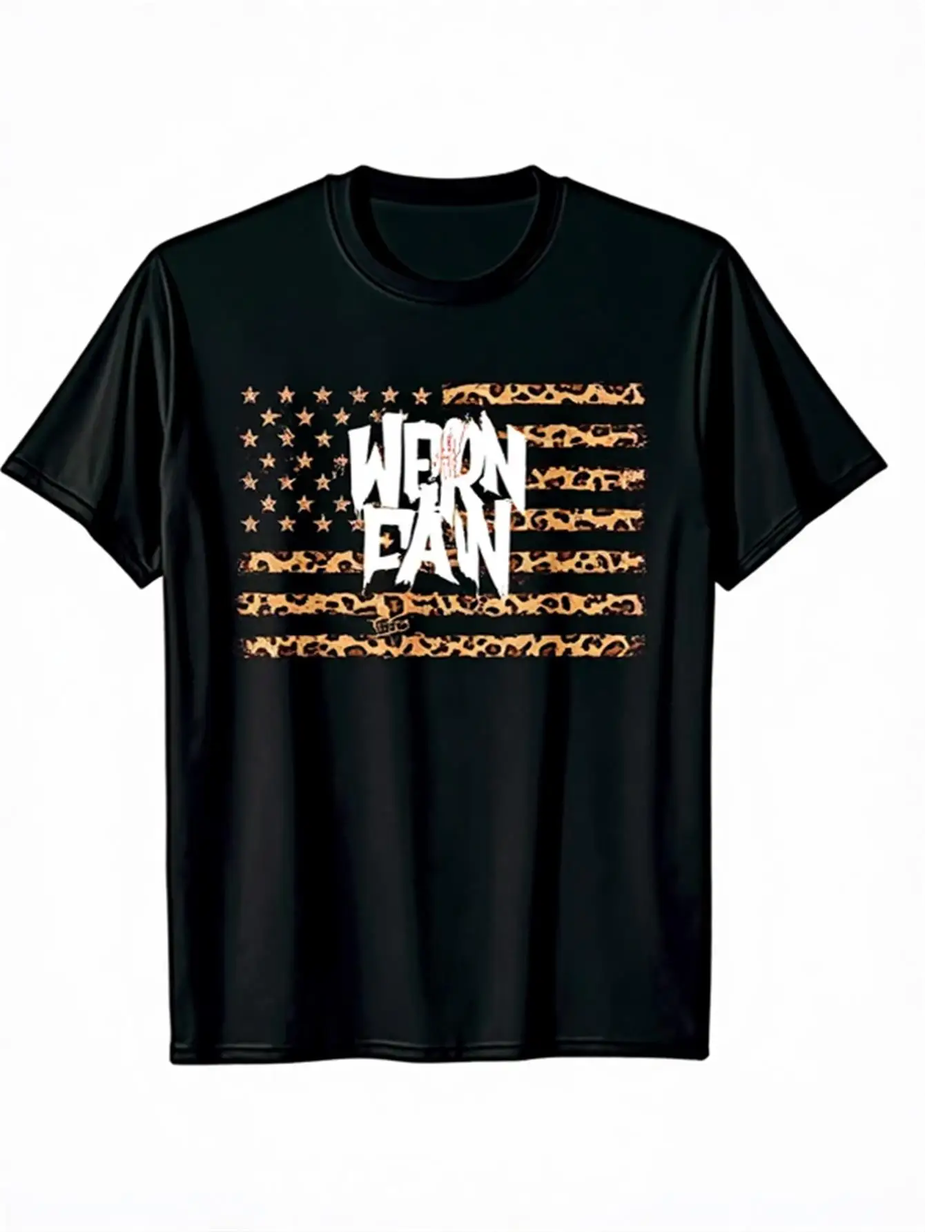 

Men's Black American Flag T-Shirt with Leopard Print Star and Stripe Design, Soft 100% Cotton Short-Sleeve Casual Crew Neck Shirt with Gold and White Letter Print, Dental Hygienist Gift, Independence Day Apparel, Everyday Wear (Machine Washable)