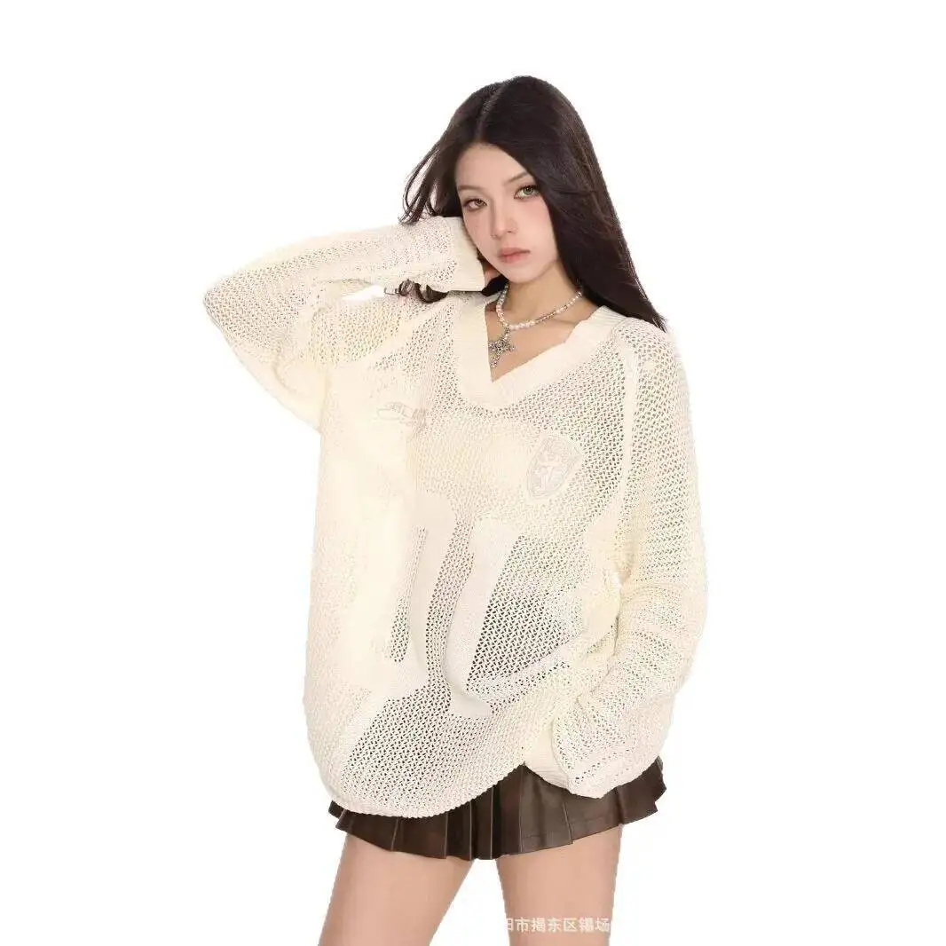 

Women Sweater 2025 Spring New Women's V Neck Hollow-Out Knitwear Loose Lazy Style Sweater Pullover Spicy Girl Top