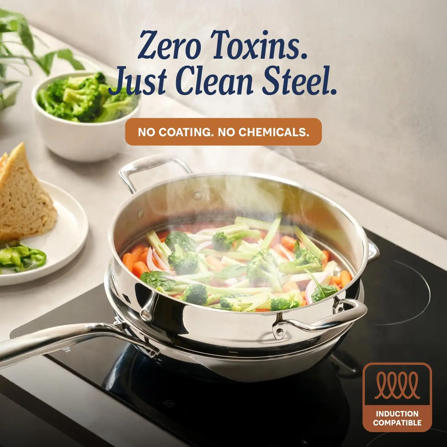 5-Ply Stainless Steel 8-Quart Stock Pot with Lid - Induction Compatible, Oven Safe 800°F - Non-Toxic, No Coatings - Even Heating