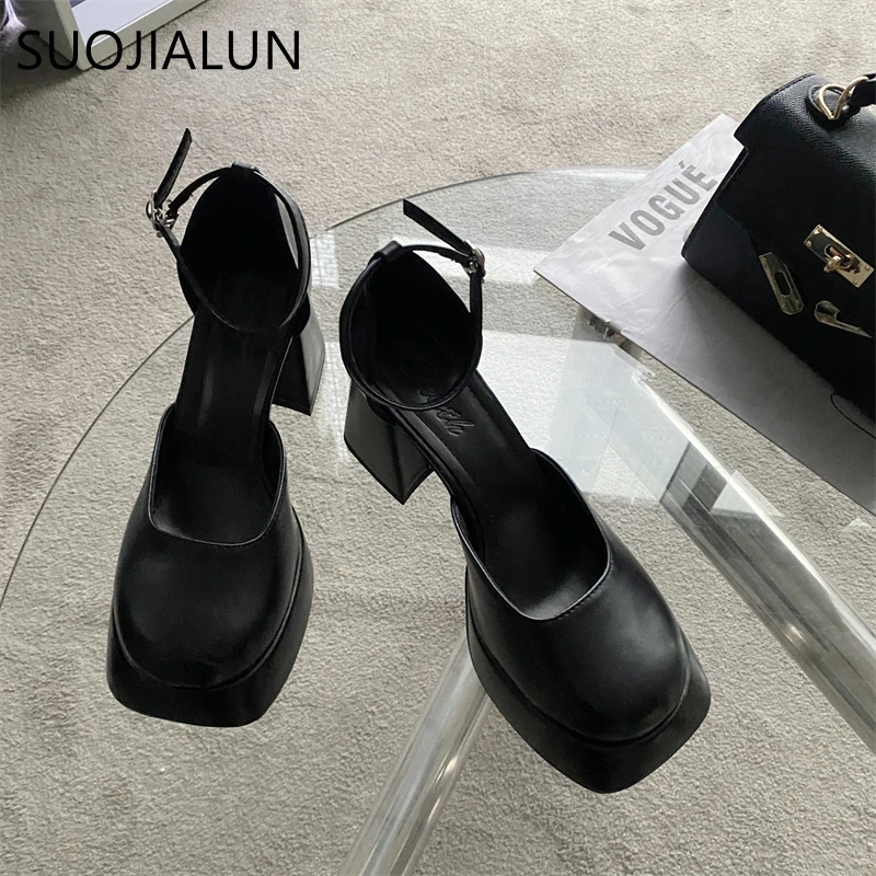 SUOJIALUN 2023 Spring New Brand Women Sandal Shoes Fashion Round Toe Close Toe Ankel Strap Mules Square High heel Dress Pumps