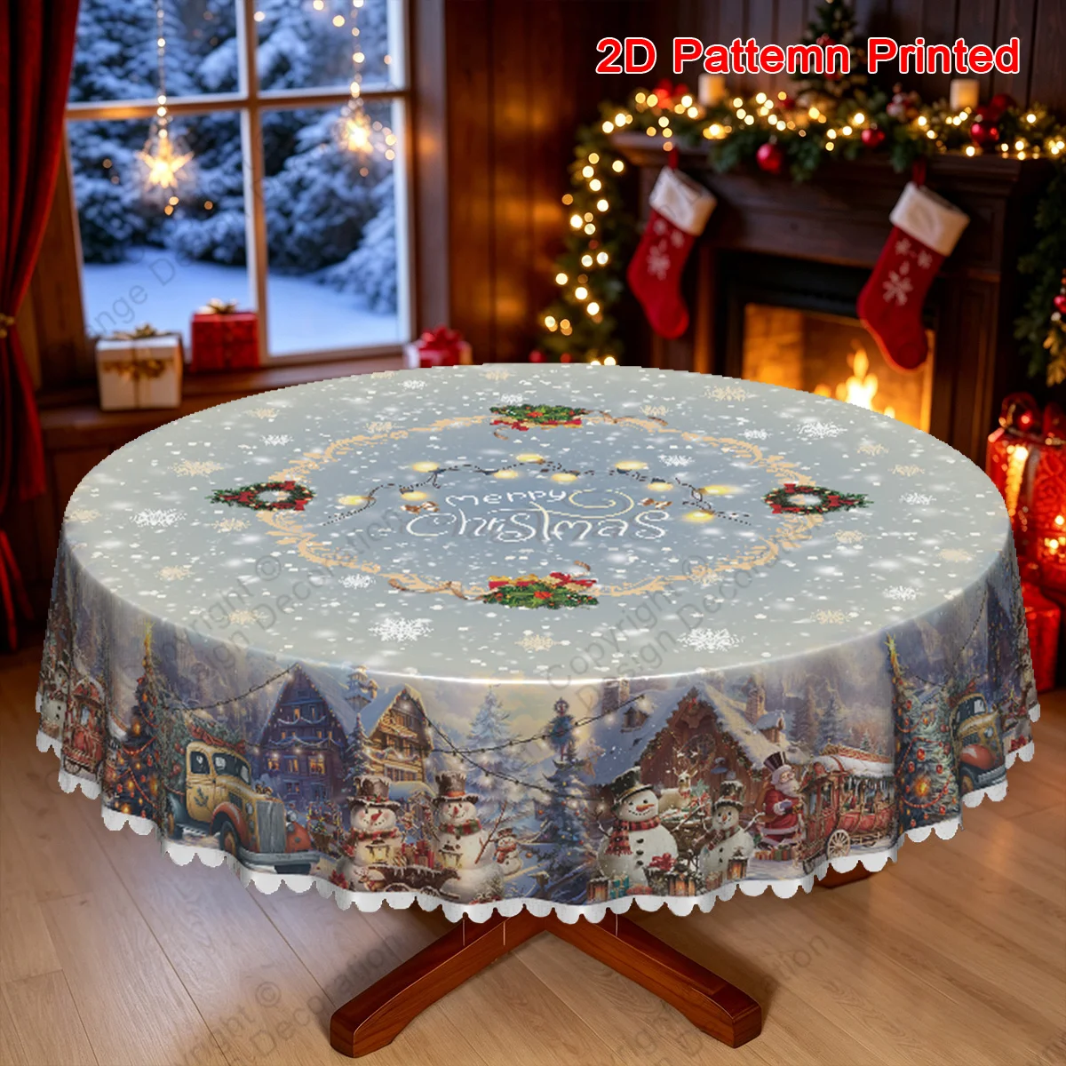 1 piece, Merry Christmas themed tablecloth, wooden house snowman Santa Claus Christmas tree oil lamp pattern