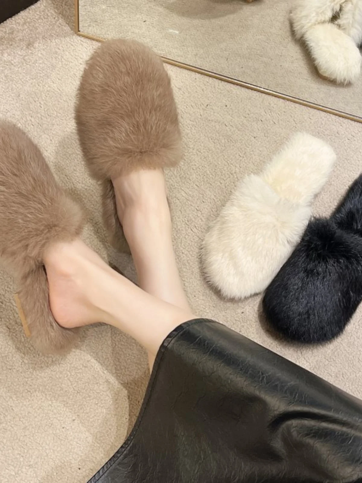 Flat Shoes Female Slippers Casual Cover Toe Slides Flock Beige Heeled Sandals Fur Flip Flops Lady Slipers Women Luxury Black Plu