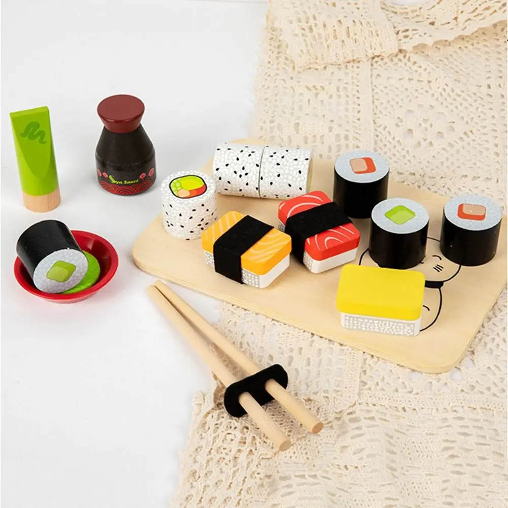 Simulação engraçada fazer sushi cozinha brinquedo suave estilo japonês criança fingir jogar sushi brinquedos reutilizáveis presente de aniversário conjunto de comida de madeira