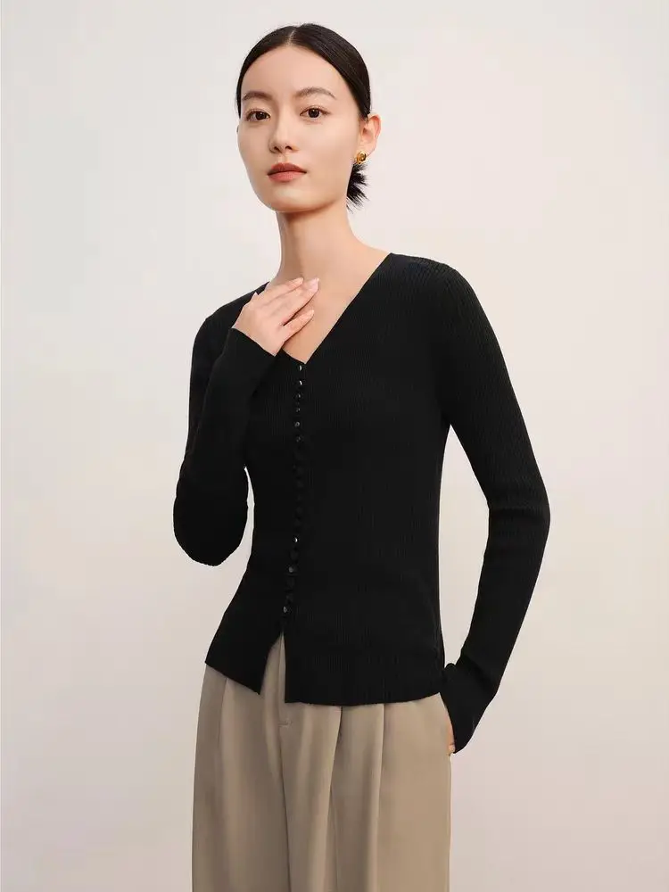 BirdTree, Silk Cashmere Wool Blended Elegant Sweater, Women Buttons VNeck, Fashion Casual Slim Knitwear, Autumn Winter T47068QM