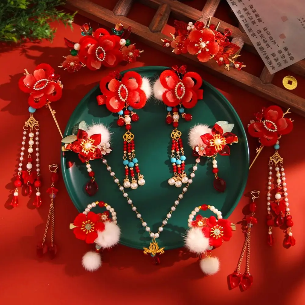 

New Year Chinese Style Hairpin Set Tassel Red Hanfu Hair Stick Alloy for Buns Flower Hair Comb Hairstyle Design Tool