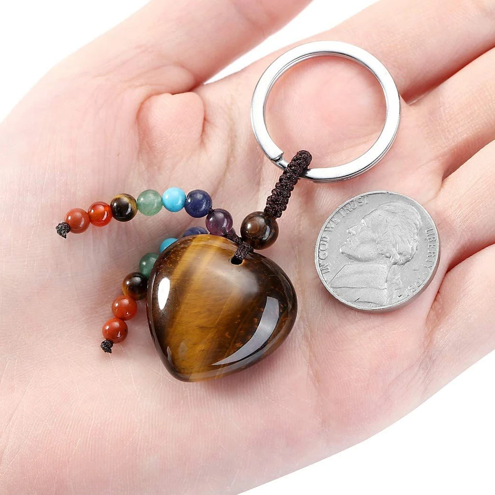 Natural Tiger Eye Stone Crystal Heart Shaped Keychain with 7 Chakras Reiki Gemstone Beads Tassel Keyring Bag Car Pendant