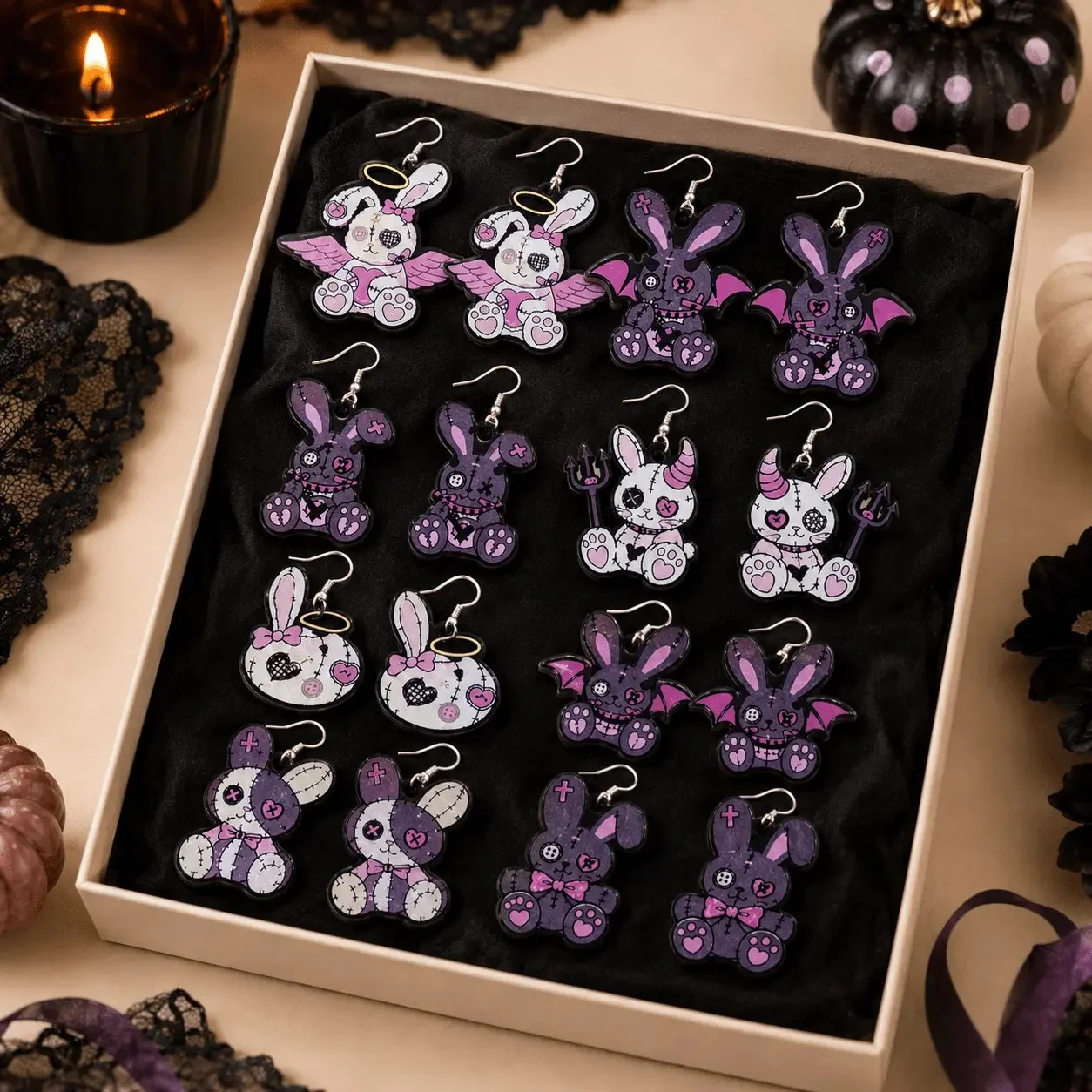 8 Pairs/Set Gothic Acrylic Rabbit Earrings for Women Dark Stitched Bunny Drop Dangle Earrings Halloween Punk Jewelry