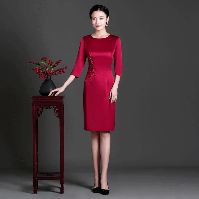 

Yourqipao Summer Red Mother Evening Dress Elegant Dignified Temperament Slim Banquet Chinese Wedding Dress Qipao for Women
