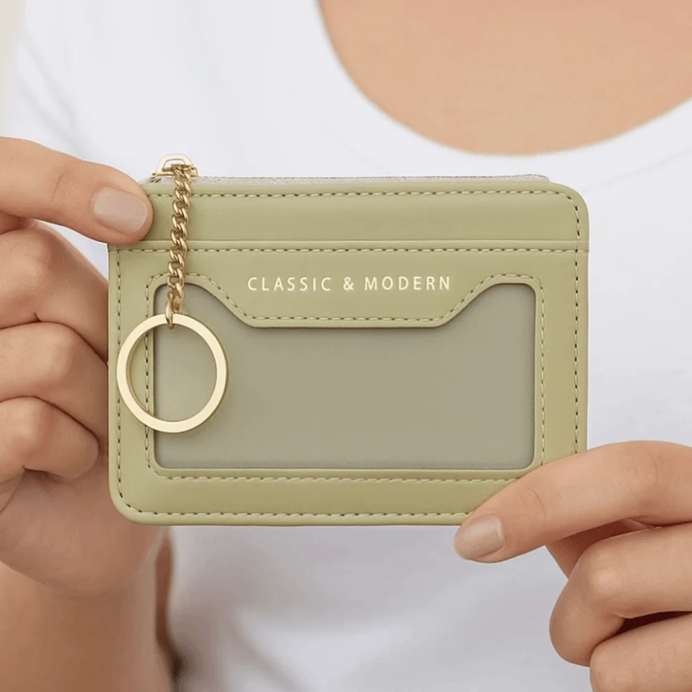 

Card Holder With Keychain Hanging Card Bag Thin Multifunction Pocket Coin Purse PU Leather Zipper Multi-card Wallet Outdoor