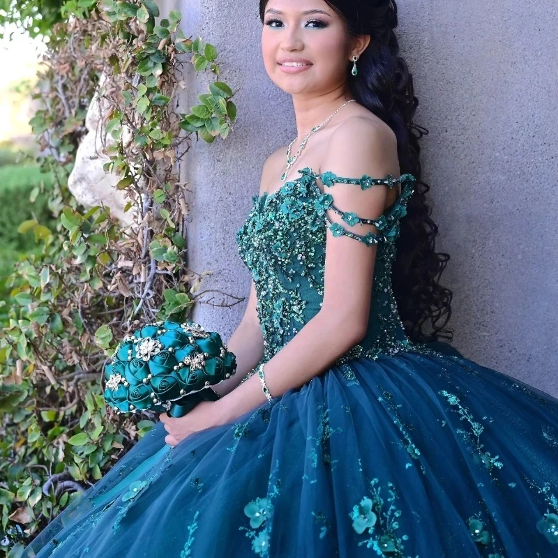 Green Glitter Crystal Sequined Ball Gown Quinceanera Dresses Off The Shoulder Applique Lace Beading Corset Vestidos De