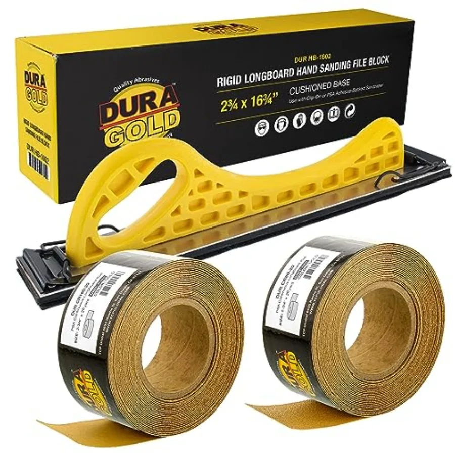 

Dura-Gold Pro Series Longboard Hand Sanding File Sander Block with Hook and Loop Backing and PSA Backing Conversion Adapter Pad