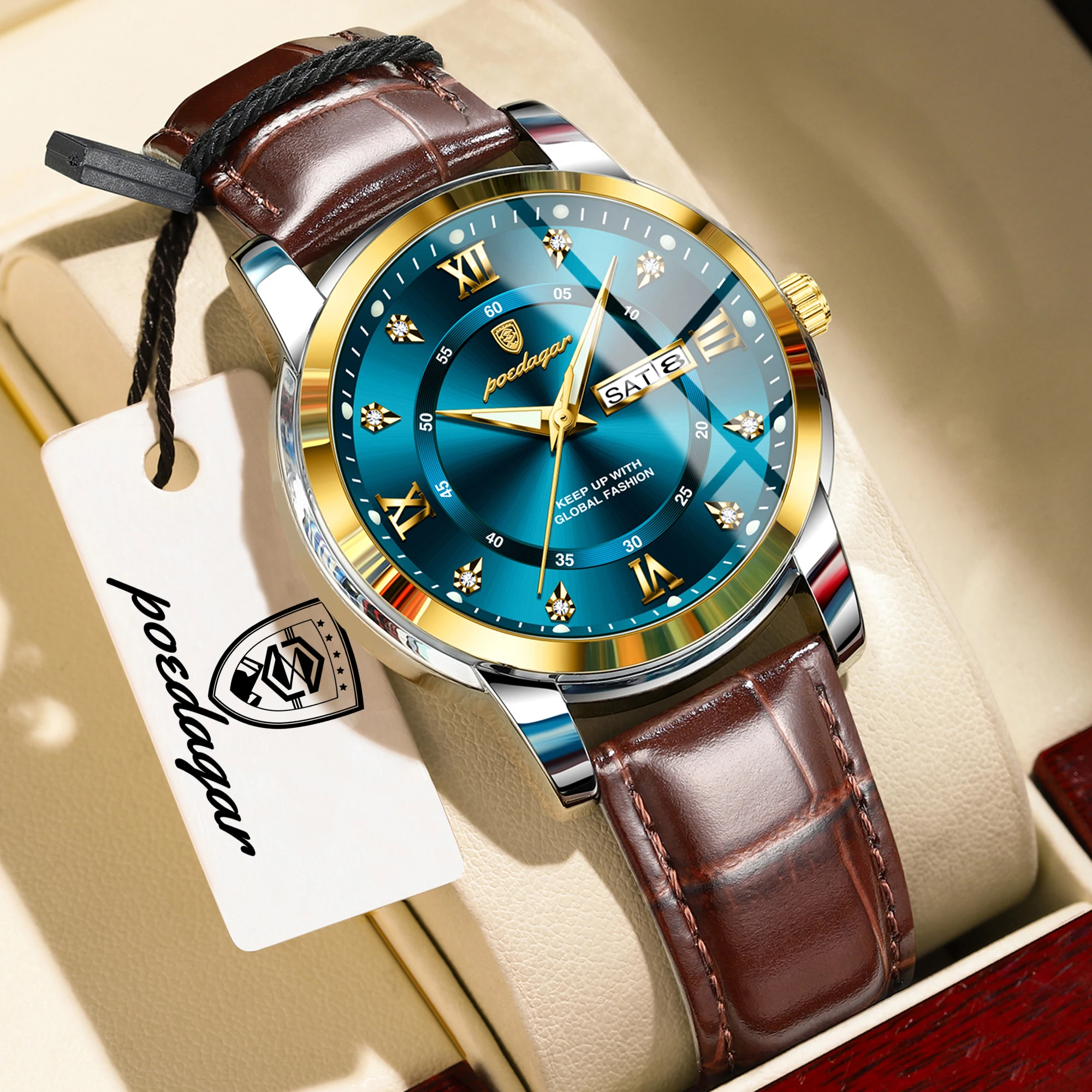 

POEDAGAR Top Trendy Original Male Watches Waterproof Luminous Leather Fashion Man Watch Date Week Men's Quartz Wristwatch reloj