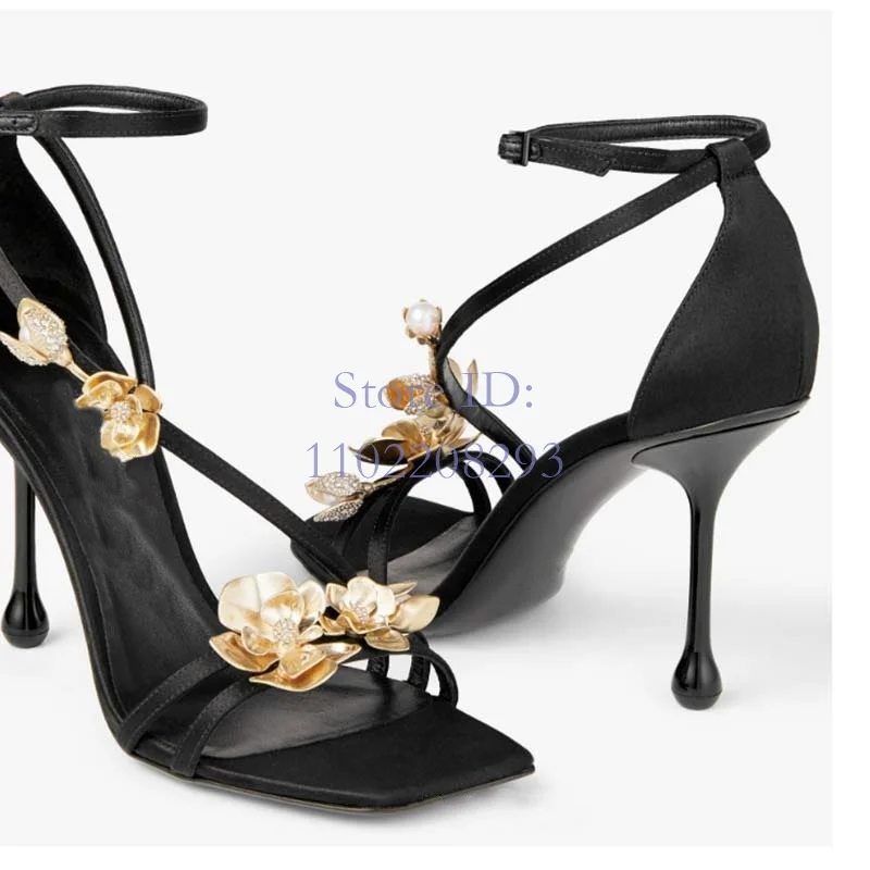 Crystal Golden Rose Straps sandali a spillo Square Open Toe Solid Thin High Cover Heel Back Buckle Strap scarpe Sexy da donna 2024