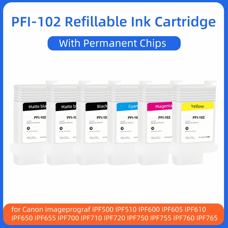 

PFI 102 Многоразовые картриджи PFI-102 130 мл картридж с чипами для Canon iPF500 510 600 605 610 650 655 iPF700 750 755