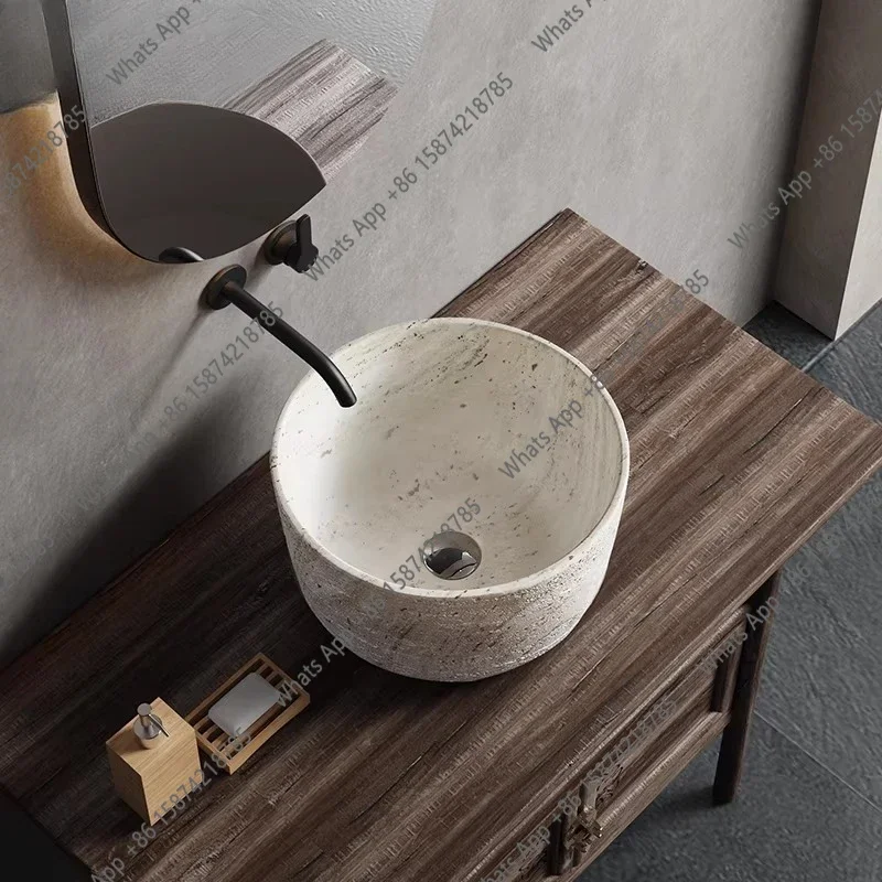 

E Medieval Style Table Basin Wash Basin Designer High-end Creative Round Wash Basin Travertine Art Personalized Wash Table