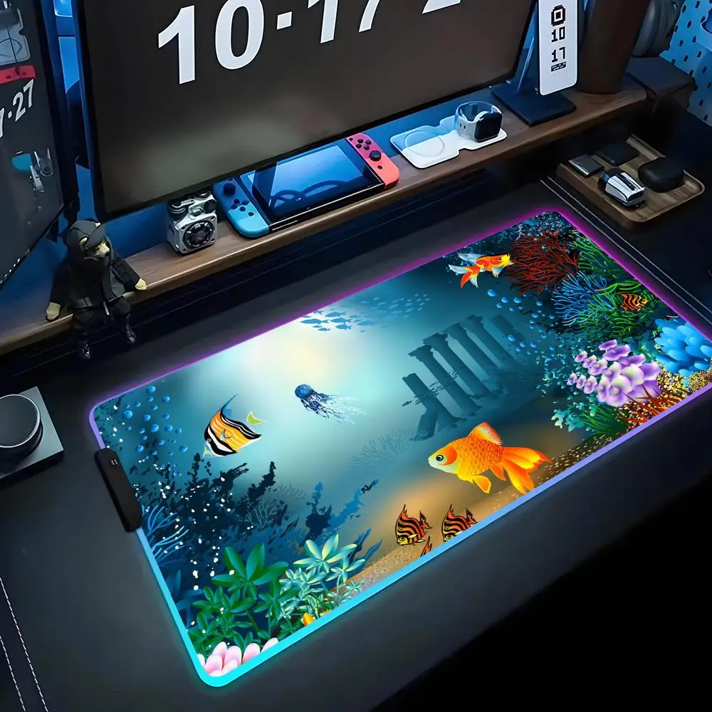 

Art Ocean Fish Коврик для мыши RGB Игровой коврик для мыши Большой светодиодный коврик для ПК Настольный коврик Светящийся коврик для мыши Большие коврики для клавиатуры Настольный коврик с