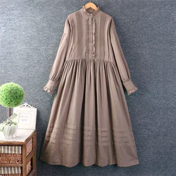 Spring Sweet Mori Girl Solid Color Ruffled Cotton Dress Women Long Sleeve Casual Loose Midi Dresses