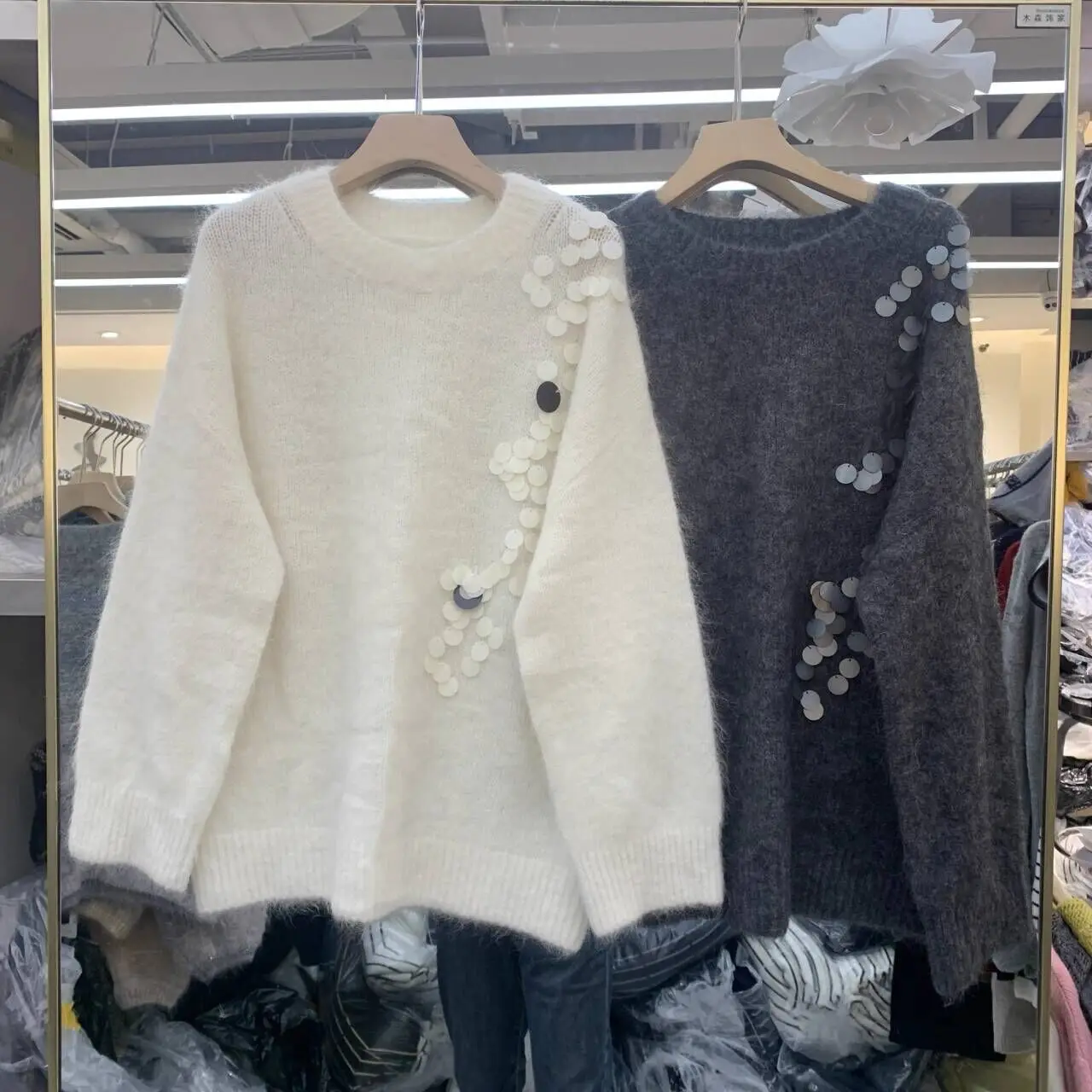 Elegant Lazy Style Grey Sequin Sweater Women's Loose Knitted Top Autumn Winter Full Sleeve Solid Color Wool Pullovers F325