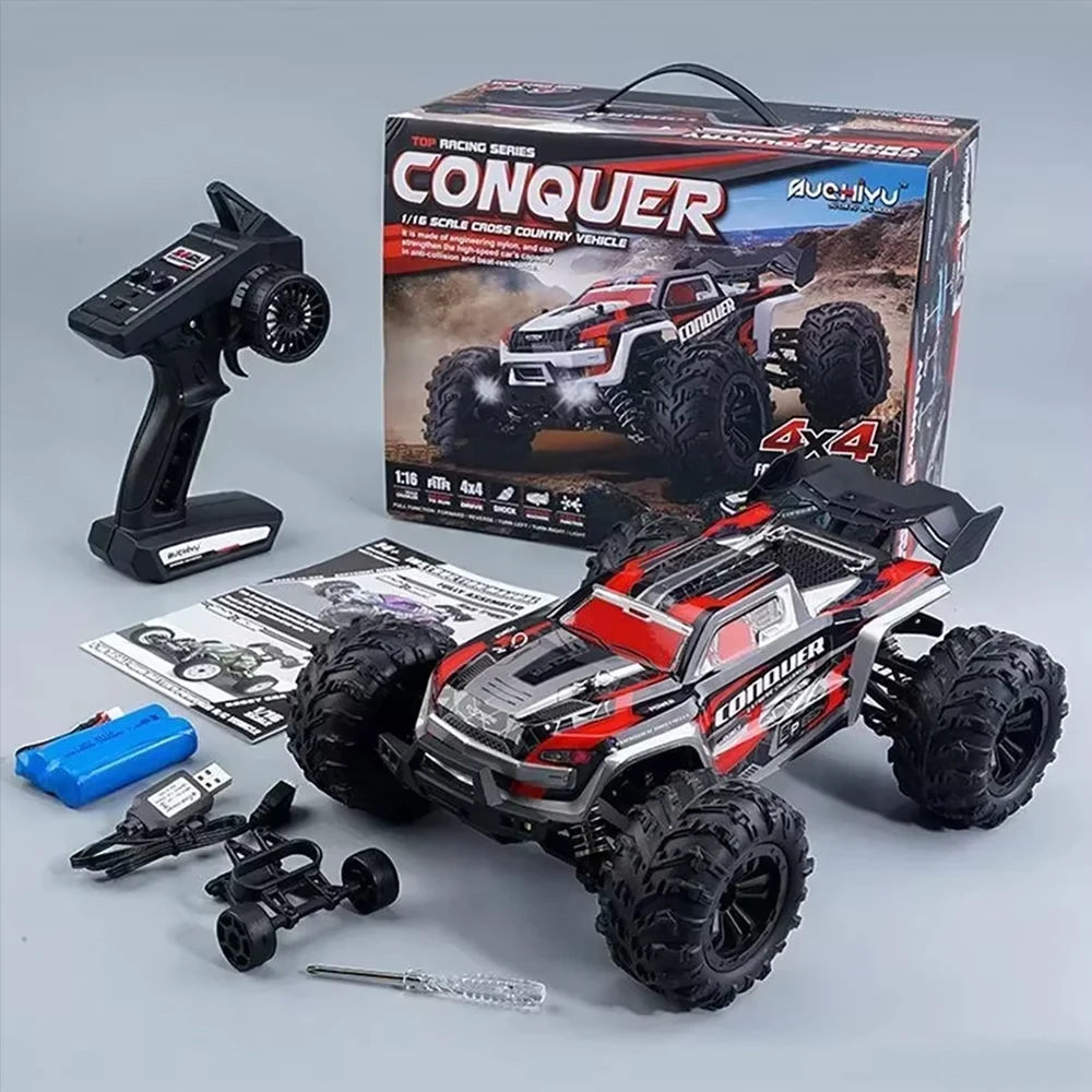 WLtoys 1:16 RC Auto 50 km/u Hoge Snelheid 4WD Off-Road Monster Truck 2.4GHz Afstandsbediening Auto All-Terrain Elektrisch Voertuig Oplaadbare 7.4V Batterij LED Koplampen Metalen Tandwielen