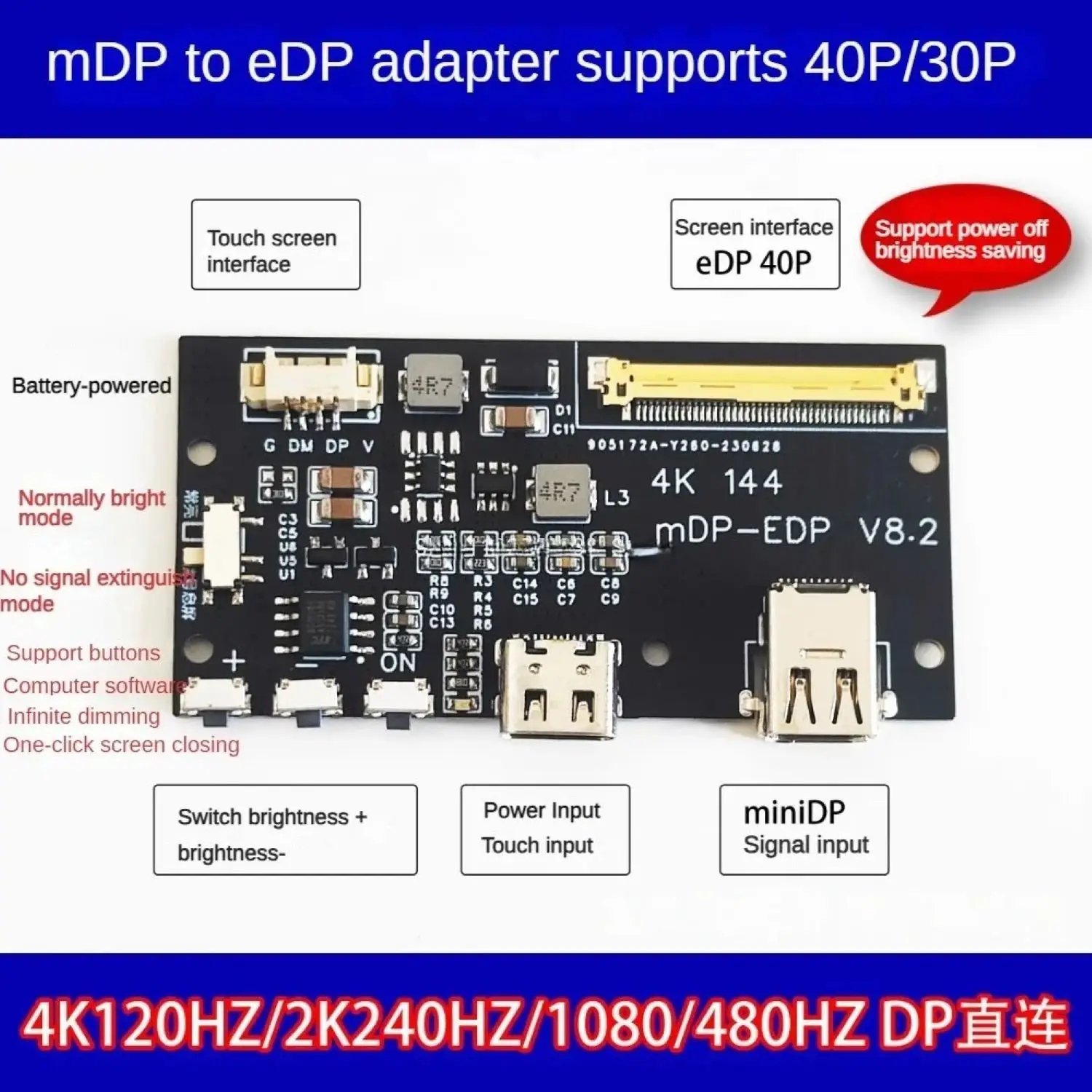 miniDP to eDP 4K 120HZ driver board 4K 2K 1080P turn board for portable monitor