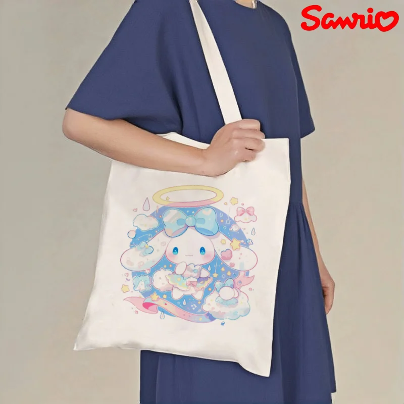 1pc Angel Cinnamoroll Print Canvas Tote Bag, Double-Sided Shoulder Shopper, Reusable Handbag