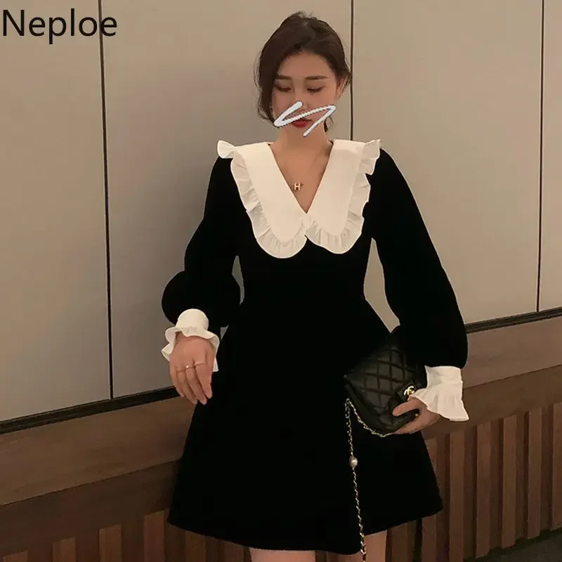 Neploe Dress for Women Chic Peter Pan Collar Vintage Vestidos De Mujer Slim Waist Ruffles Velvet Korean Dresses Temperament Robe