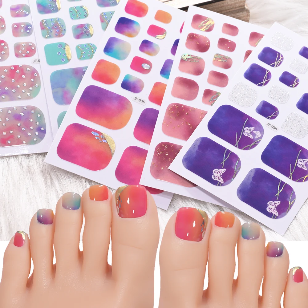 5Sheet Mix Design Toe Nail Wraps 22Tips Gold Foil Watercolor Adhesive Foot Nail Polish Decals No Need Lamp Summer Toenail Strips