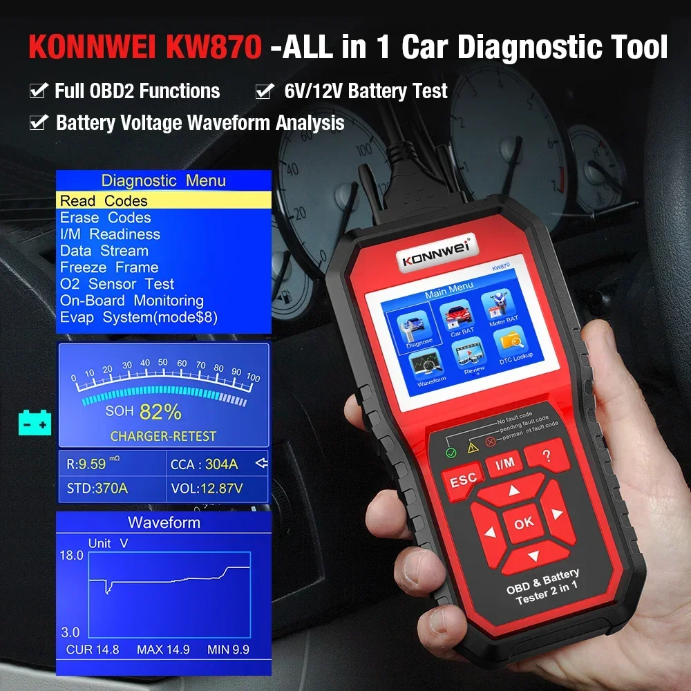 2025KONNWEI KW870 6 فولت 12 فولت سيارة دراجة نارية جهاز اختبار بطارية obd2 أداة تشخيص الماسح الضوئي 2 in1 التحريك شحن أدوات الاختبار ل