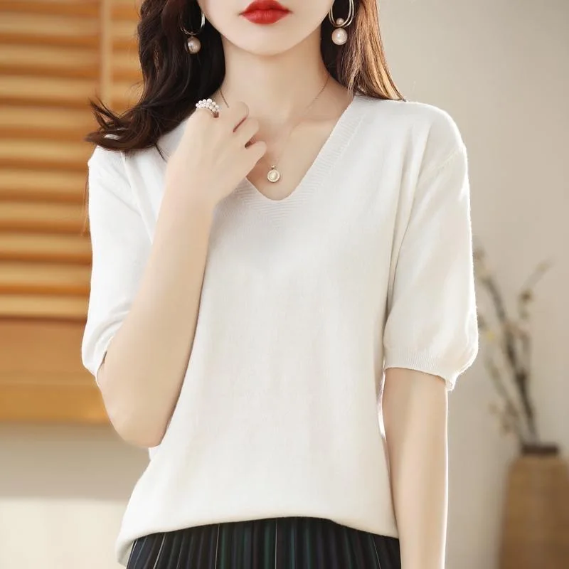 

Новый вязаный свитер Sueter Feminino с короткими рукавами, женские пуловеры с v-образным вырезом, белый вязаный свитер, пуловер, женские топы, трикотаж Q2374