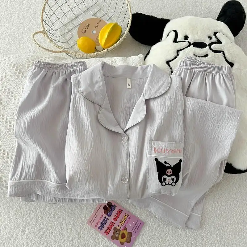 

Sanrio Women's Pajamas Sleepwear Autumn Built-in Bra Short Sleeve Three Piece Cartoon Sweet Fashion Cute Homewear Outfit fashion
