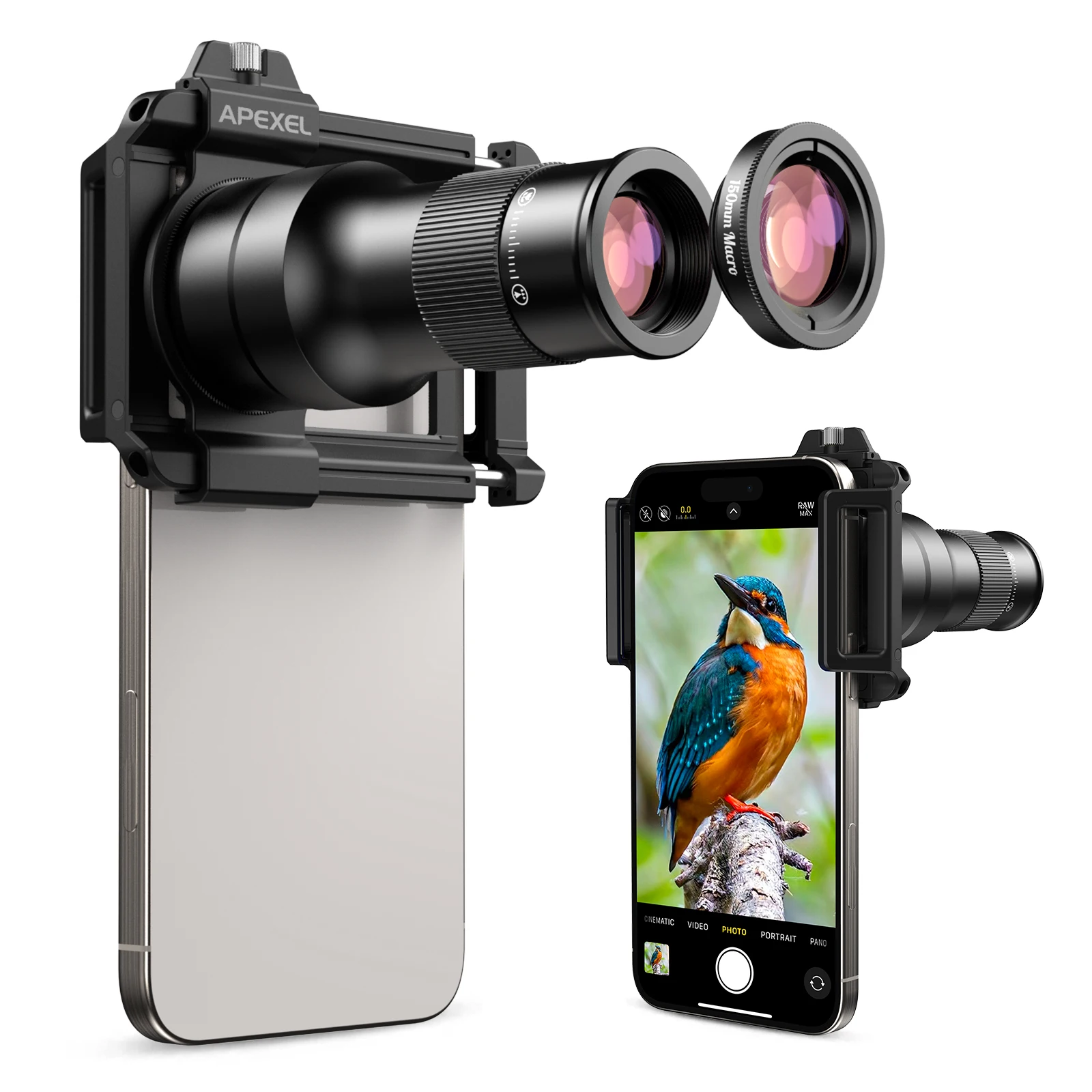 APEXEL 2 in 1 Telemacro Lens Kit 6X Telephoto Lens & 150mm Macro Lens with Universal Lens Clip for iPhone and Andriod Phones