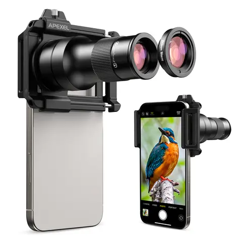 APEXEL 2 in 1 텔레매크로 렌즈 키트 6배 망원 렌즈 & 150mm 매크로 렌즈 (아이폰 및 안드로이드 폰용 범용 렌즈 클립 포함)