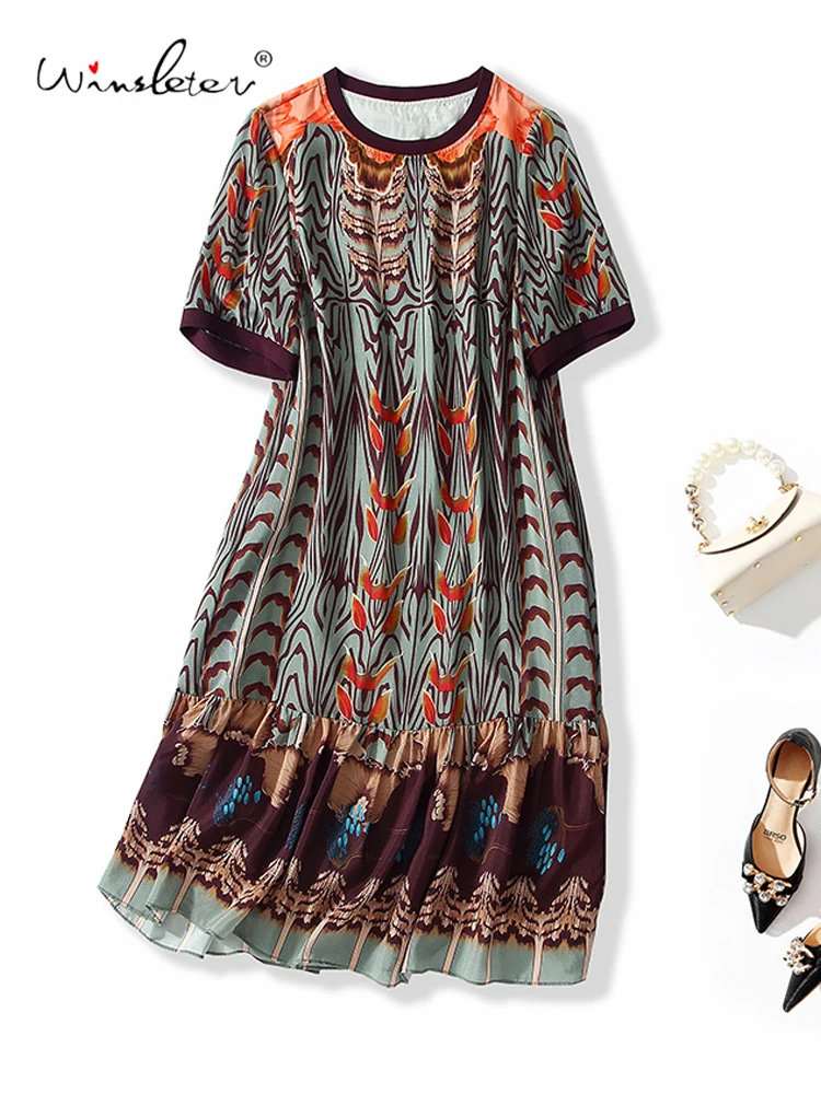 

Winsleter-Women 100%Real Silk Elegant Dress, O Neck Short Sleeve Geometry Print, Retro Commute Dresses, 2025 Summer New D57145CC
