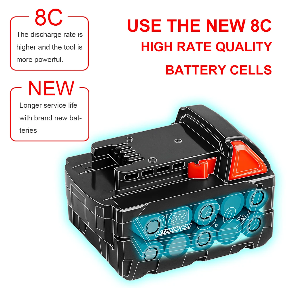 M18 18V 6.0Ah Red Replacement Li-Ion Battery for Milwaukee M18B6 18V Tools Lithium-Ion Battery 48-11-1860 48-11-1850 48-11-1820