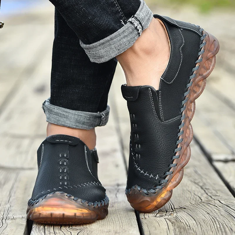 Zapatos informales de cuero para hombre, mocasines planos hechos a mano, transpirables, a la moda, estilo de diseñador