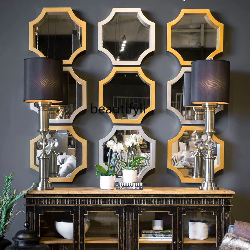

soft decoration combination decorative mirror living room dining room French sofa background wall wall wall hanging mirror