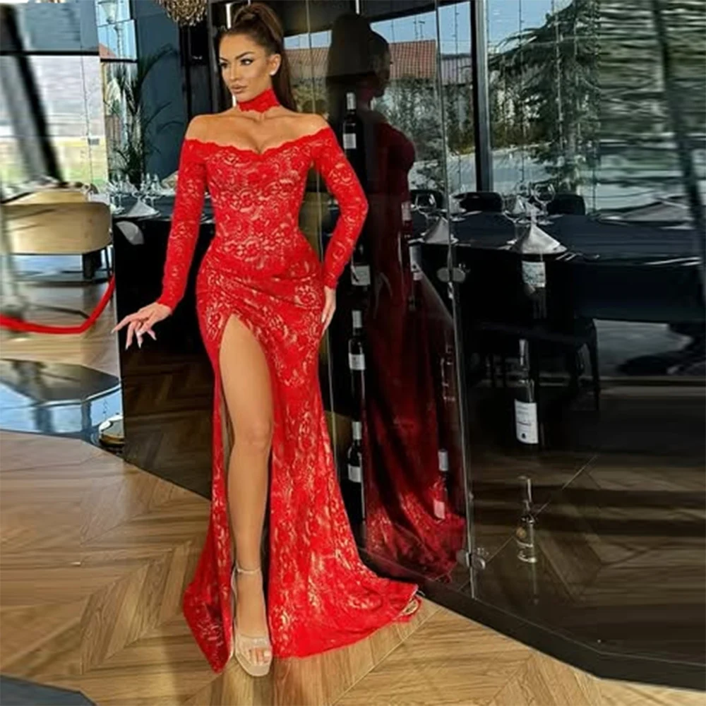 Red Lace V Neck Prom Dresses Long Sleeves Sexy High Split Evening Gowns African Women Formal Occasion Party Dress Robe De Soiree