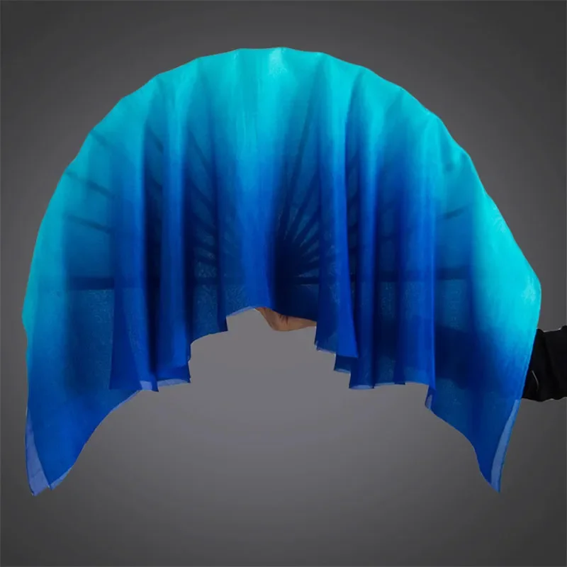 Professional Real Silk Fan Veil Pair(1L+1R) Chinese Silk Fan Belly Dancing Props White Royal Blue Gradient Sequin Folding Fan