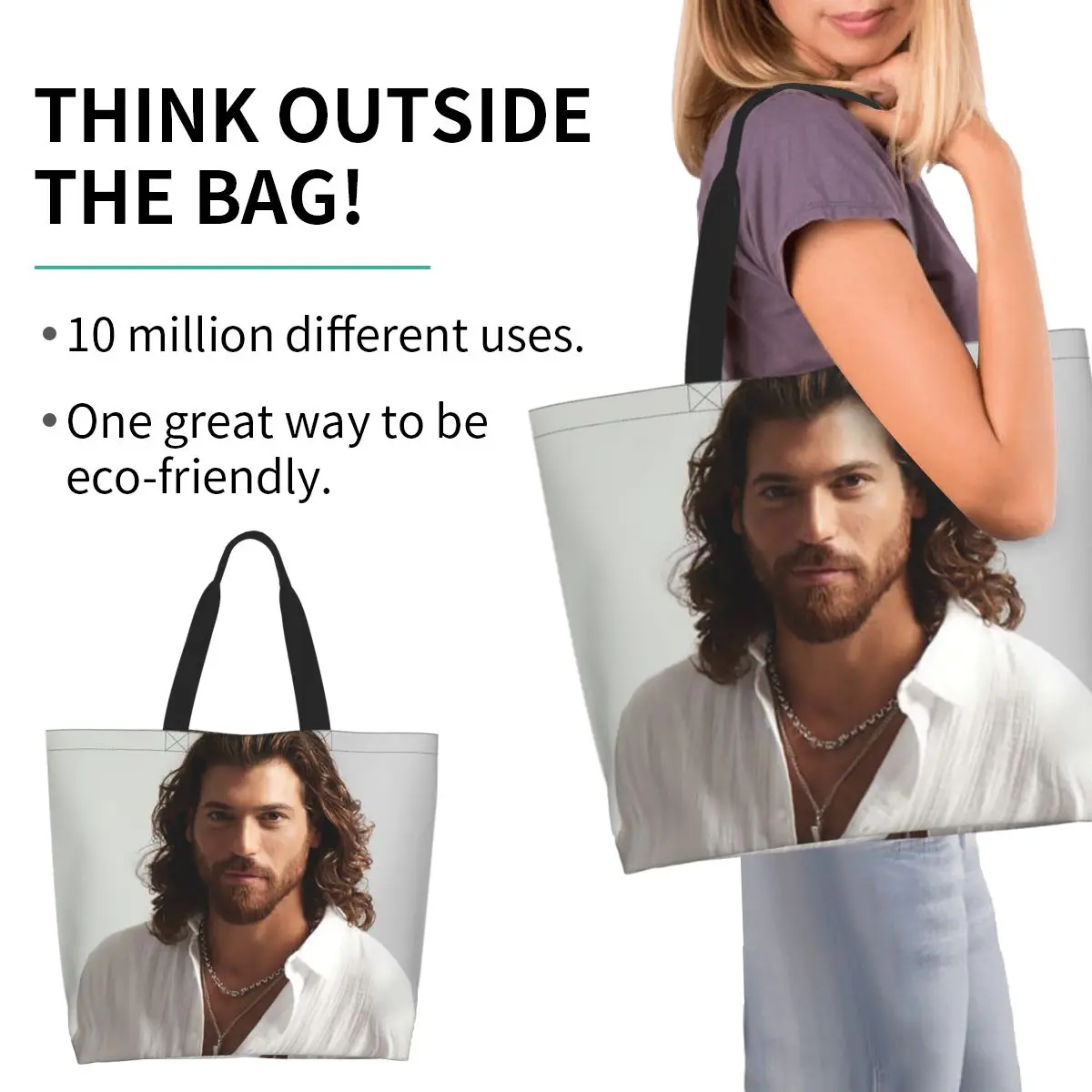 Actor Can Yaman Photo Shopping Tote Bag Canvas Large Capacity Shoulder Bags Shopper Grocery Handbag for Women