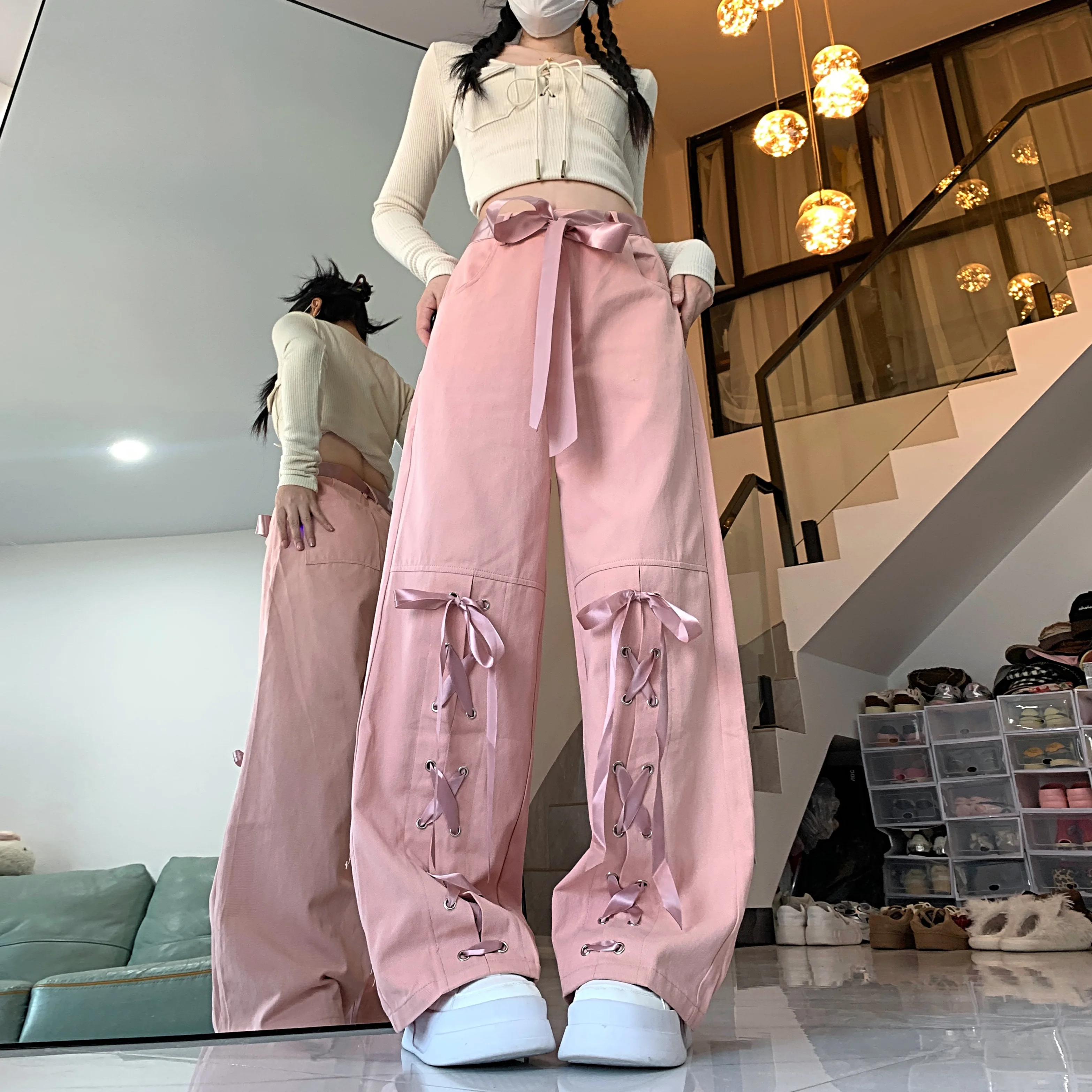 

Women's Lovely Pink Lace Up Bowknot Wide Leg Cargo Pants Lady Casual Streetwear High Waist Loose Full Length Pants