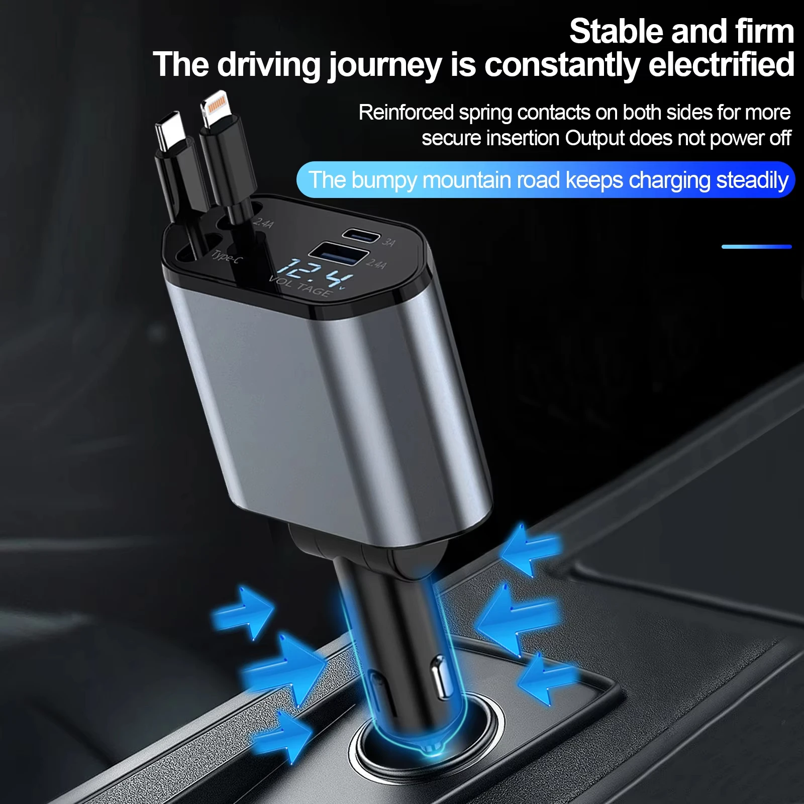 C1 New Design 4 in 1 66W PD Car Charger With Led Digital Display Adapter USB Type C Cable Retractable Fast Charger