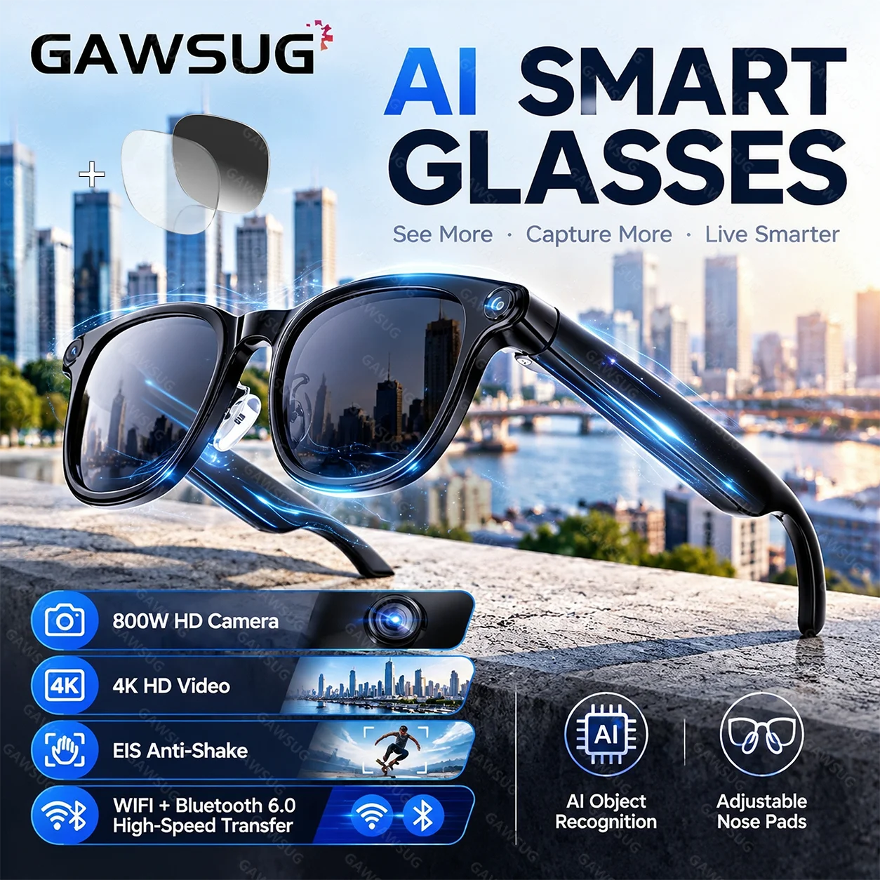 GAWSUG 4K Vlog Camera Smart Glasses EIS Anti-Shake WiFi Bluetooth 6.0 AI Voice Translator Open Ear Audio Video Eyewear Men