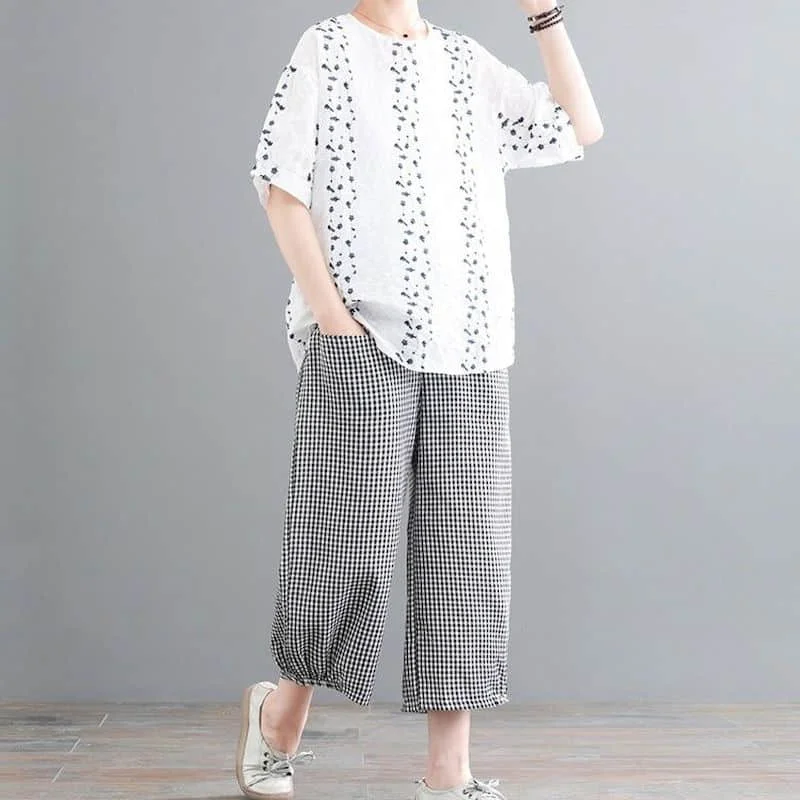 

Брюки-султанки женские из хлопка и льна, комплект из двух предметов в стиле оверсайз, повседневный винтажный топ свободного покроя с рукавом до локтя, брюки-султанки в Корейском стиле, на лето