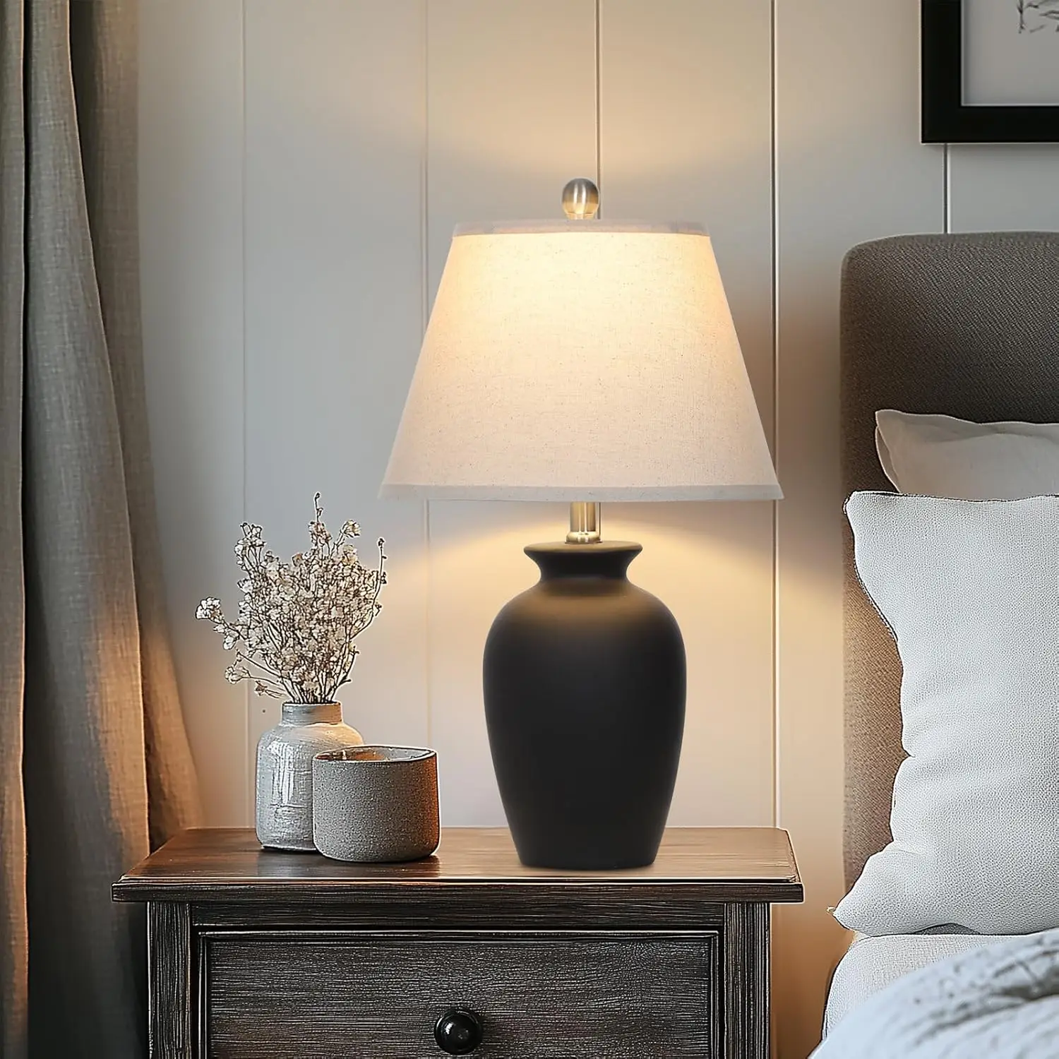 Lampada da tavolo da fattoria in ceramica nera da 22' con design in barattolo di zenzero - per soggiorno, camera da letto, ufficio, comodino