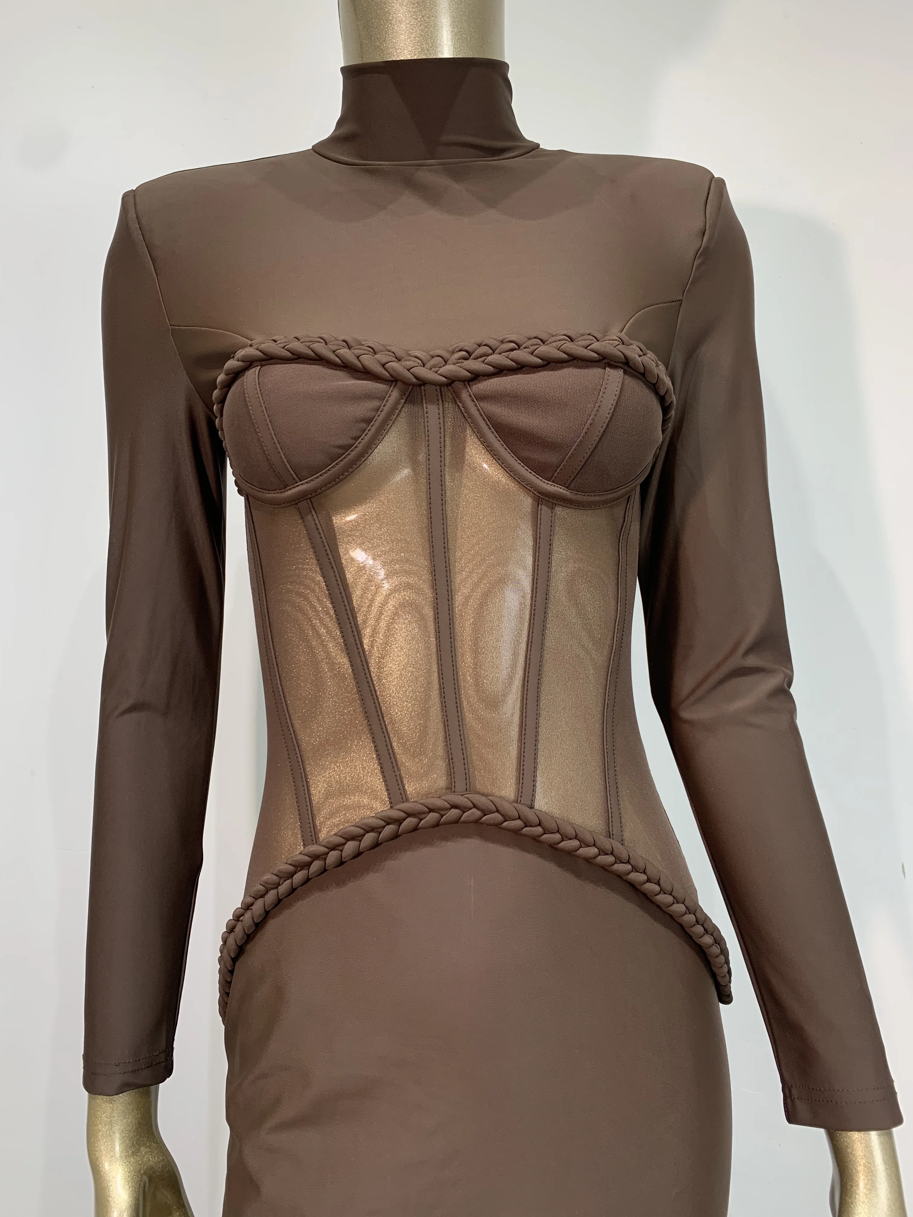 Mode Sexy femmes robe moulante marron maille à manches longues Cocktail de luxe anniversaire soirée Club robes de soirée robe d'invité de mariage