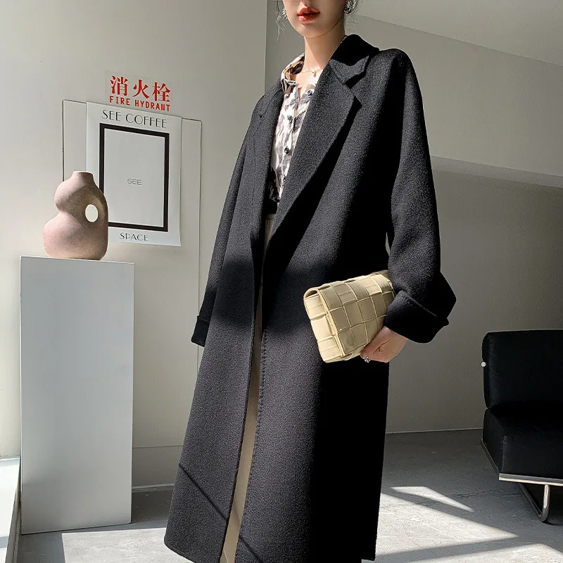 Autumn 100% Wool Coats Women Open Stitch Design Long Coats With Belt Double Face CashmereCoat Femme Tops New