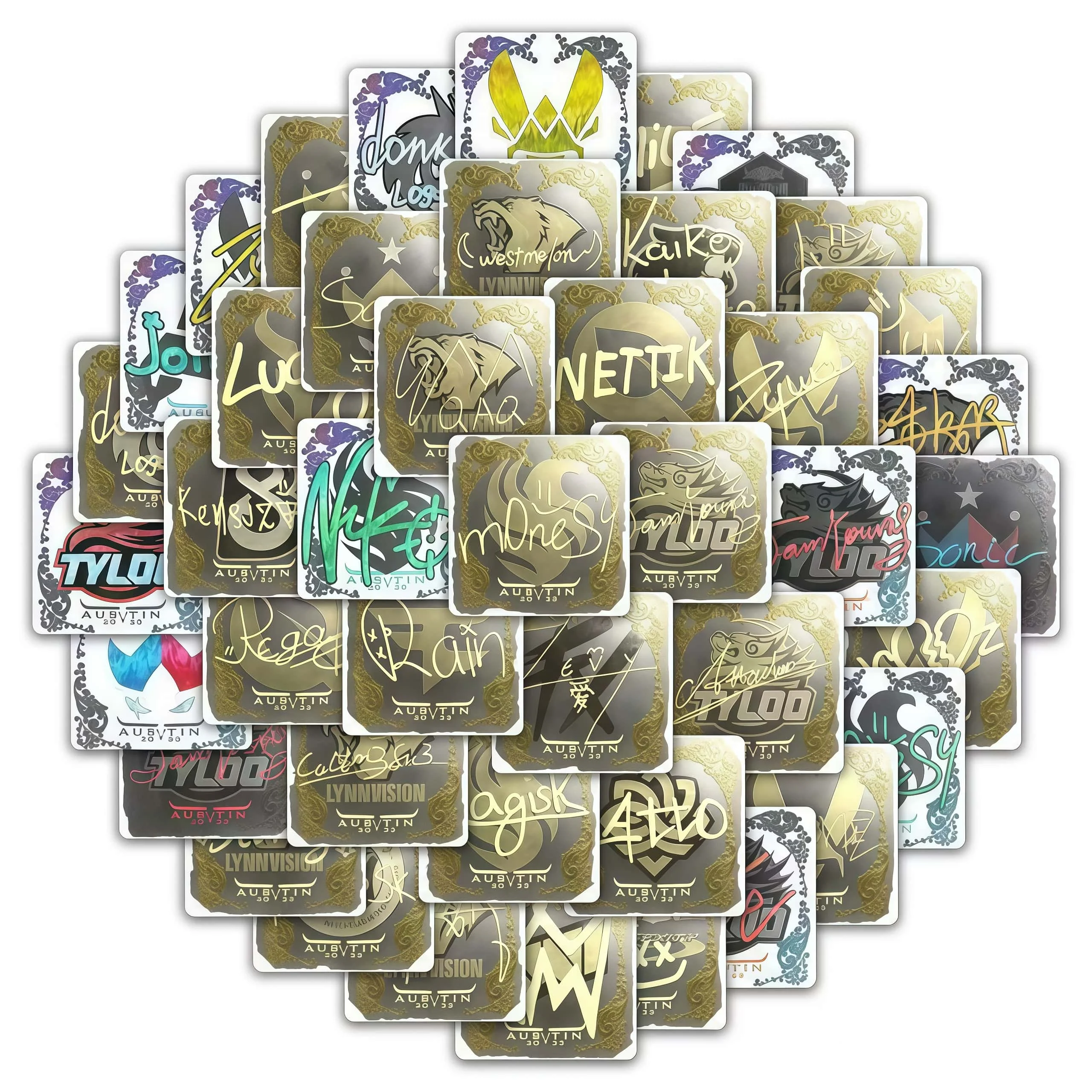 59Pcs CS2 Pro Player Signature Sticker Pack, Metallic Gold E-Sports Team Autograph Decals for Laptop, Gaming Gear & Collectible
