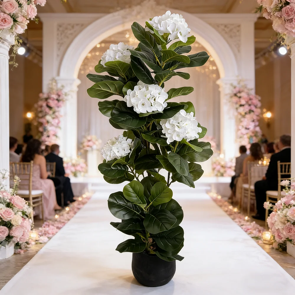 

4FT Tall Artificial Fiddle Leaf Fig Tree with White Hydrangea Blooms Realistic Fake Tree for Home Office Living Room Party Decor